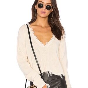 Lovers + Friends | Ivory Ribbed V-Neck Distressed Prospect Sweater